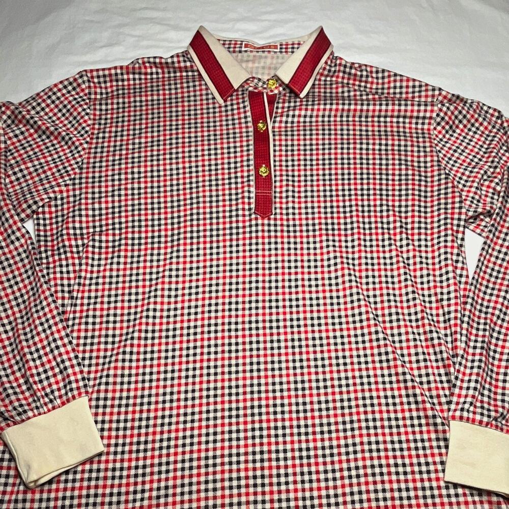 Vintage Arias Womens M Check Red/White/Black Long Sleeve Button Collared Polo